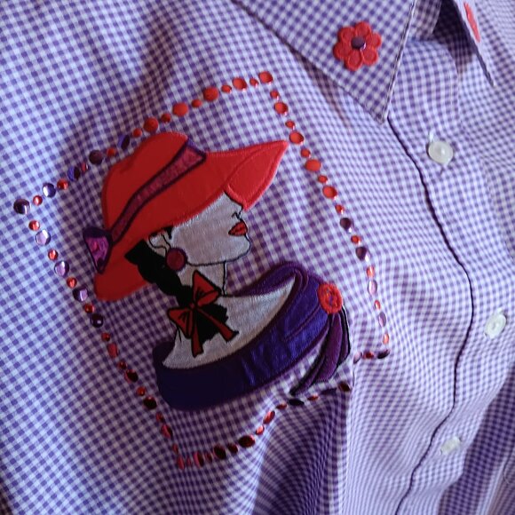 XXL Vintage 1990s Womens Sequin Top NEW P.G.B. Purple Checker Blouse Shirt XXL - Picture 1 of 6